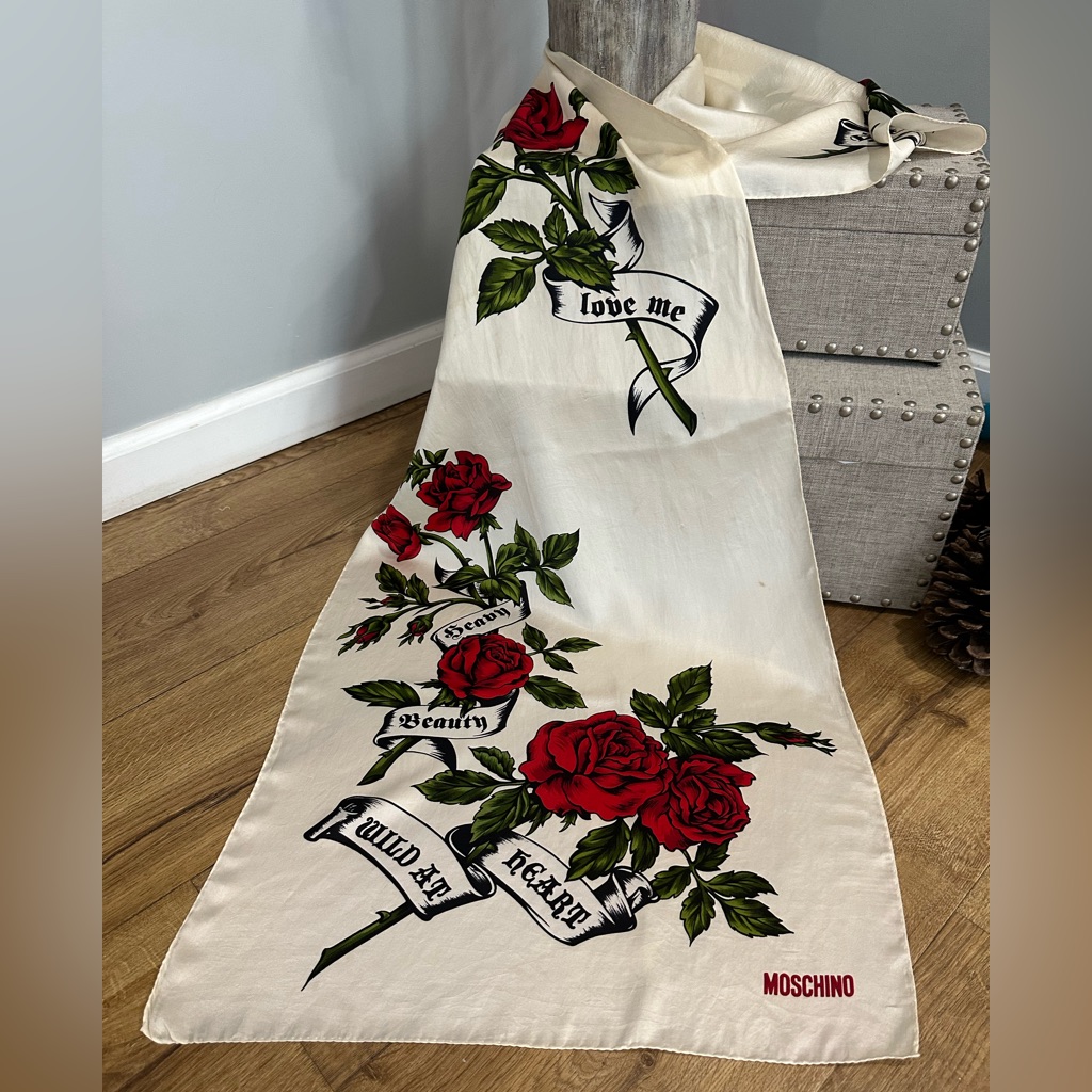 Moschino Cream Silk Scarf With Green Accents